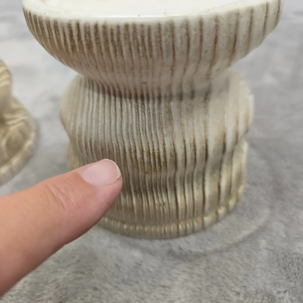Vintage Japan Pillar‎ Candle Holders Pair Brutalist Textured Cream Brown Wood